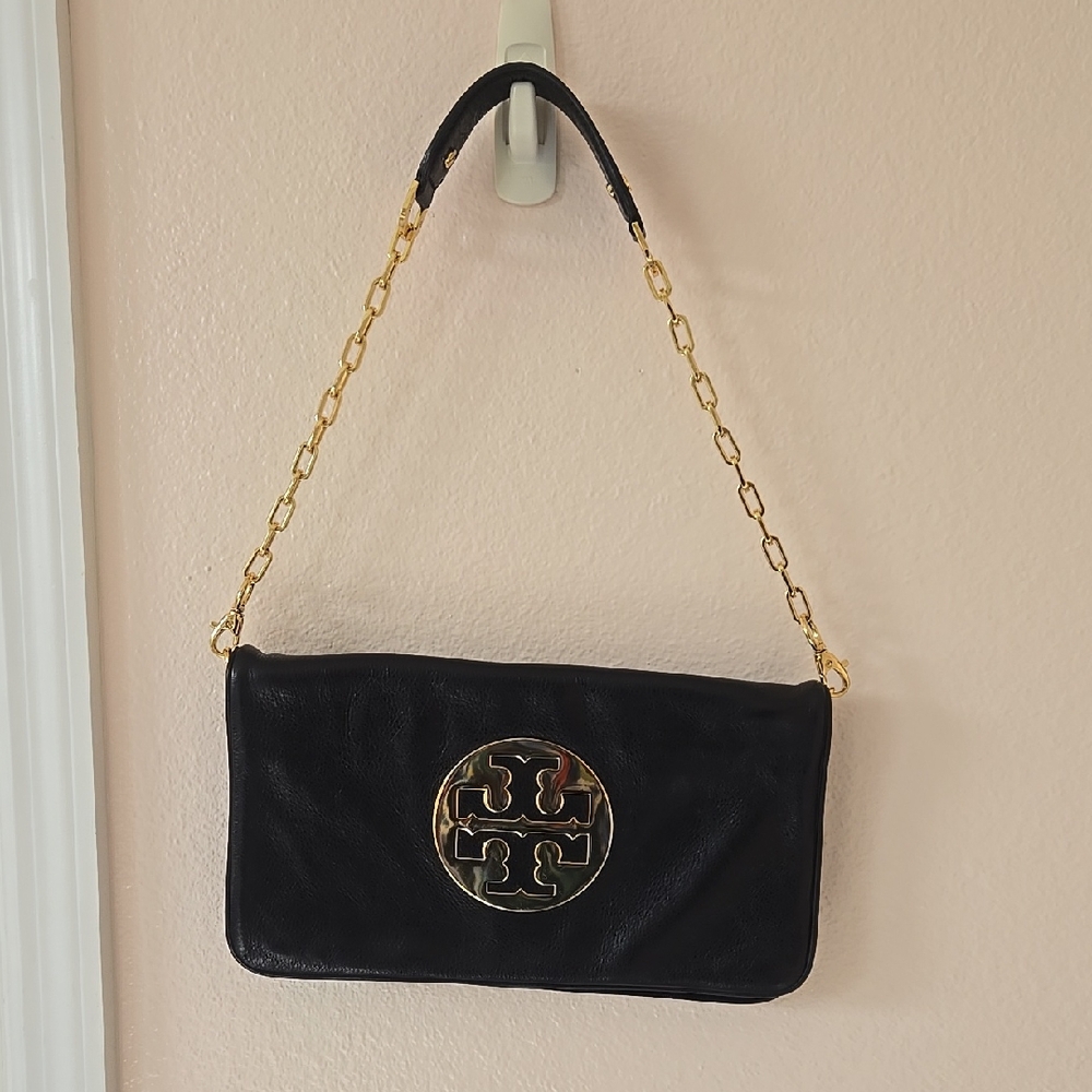 Tory Burch Black and Gold Clutch with Chain Strap